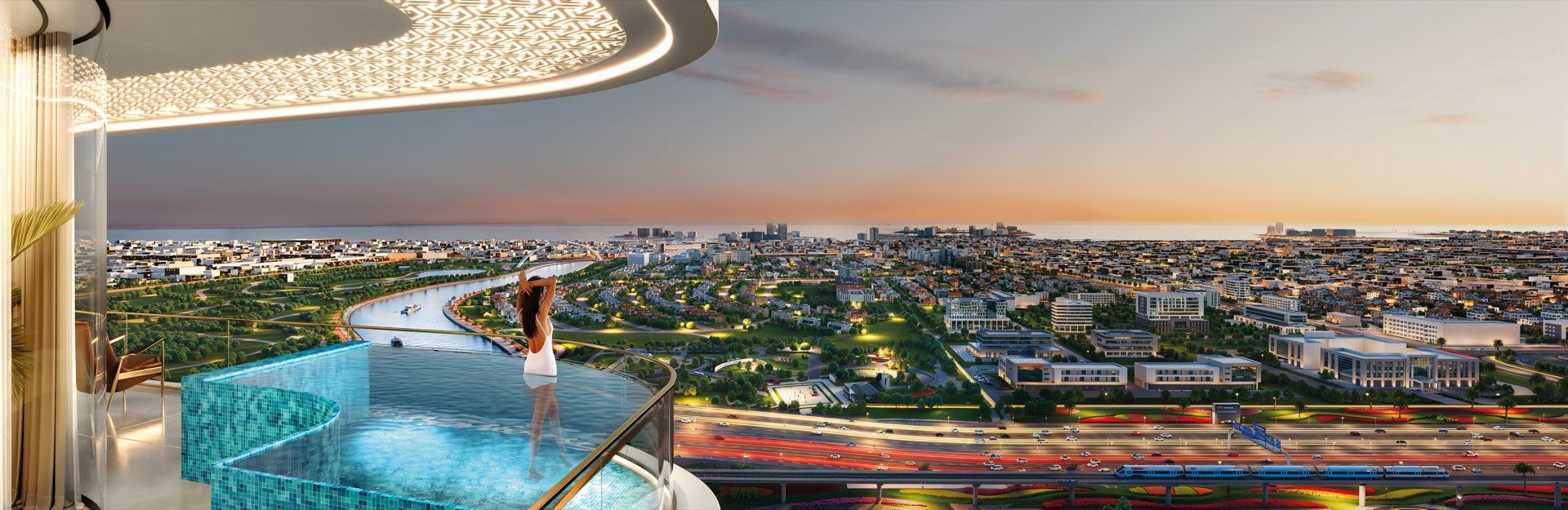 BAYZ 102 rooftop infinity pool in Business Bay Dubai - luxury swimming pool with panoramic Burj Khalifa and Dubai skyline views